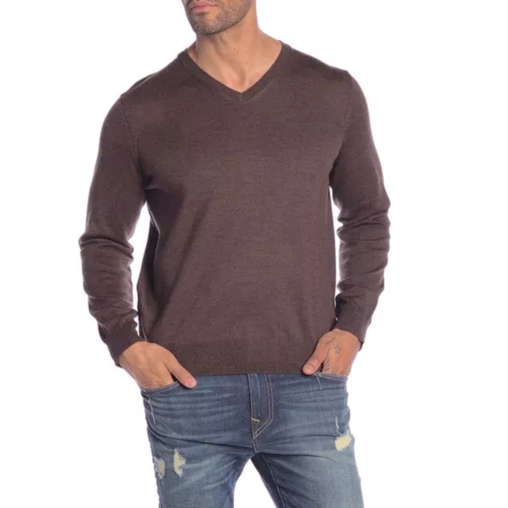 Thomas Dean V-Neck Knit Sweater in Taupe Brown